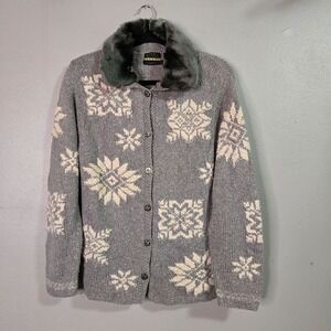 Sigrid Olsen Sport Cardigan Snowflake Silk Wool Fur Collar PM Blue Grey Vintage
